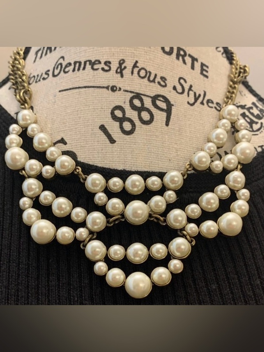 antiqued gold Pearl bib statement necklace. RARE & VTG designer stamped